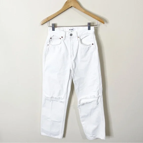 RE/DONE White Distressed 90's High Rise Loose Jeans in White With Rips Size 24 - Picture 2 of 10